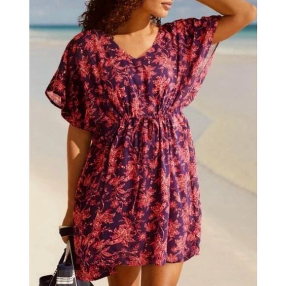 Lands' End NWT Floral Dolman Sleeve Lightweight Short Cover Up Dress Sz M L - Picture 1 of 8